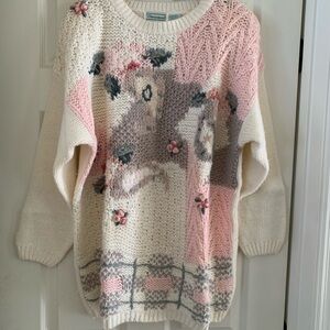 Cream & Pink Floral Hand Knitted Sweater - Women